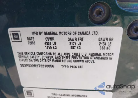 1996 Pontiac Firebird из США, поврежденный, VIN 2G2FS32K2T2218856